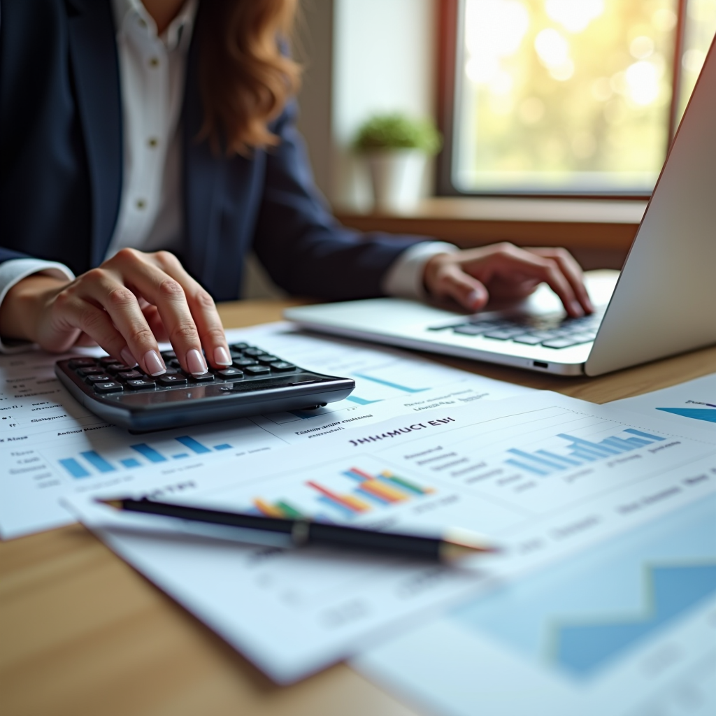 Osoba analizująca rachunek za energię elektryczną przy biurku z kalkulatorem i laptopem, na stole leżą faktury i wykresy zużycia energii, naturalne oświetlenie z okna, nowoczesne wnętrze domowe