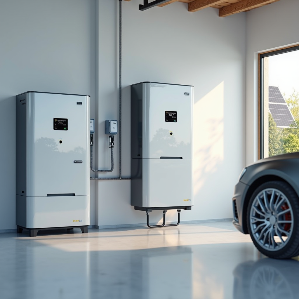 Nowoczesny system magazynowania energii zainstalowany w garażu domu jednorodzinnego, z panelami słonecznymi widocznymi przez okno, wyświetlacz pokazujący poziom naładowania baterii i przepływ energii, czyste białe ściany, profesjonalne oświetlenie, futurystyczny design