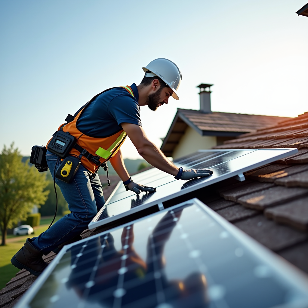 Profesjonalny technik instalujący nowoczesne panele fotowoltaiczne na dachu budynku mieszkalnego w słoneczny dzień, z widocznymi narzędziami i sprzętem montażowym