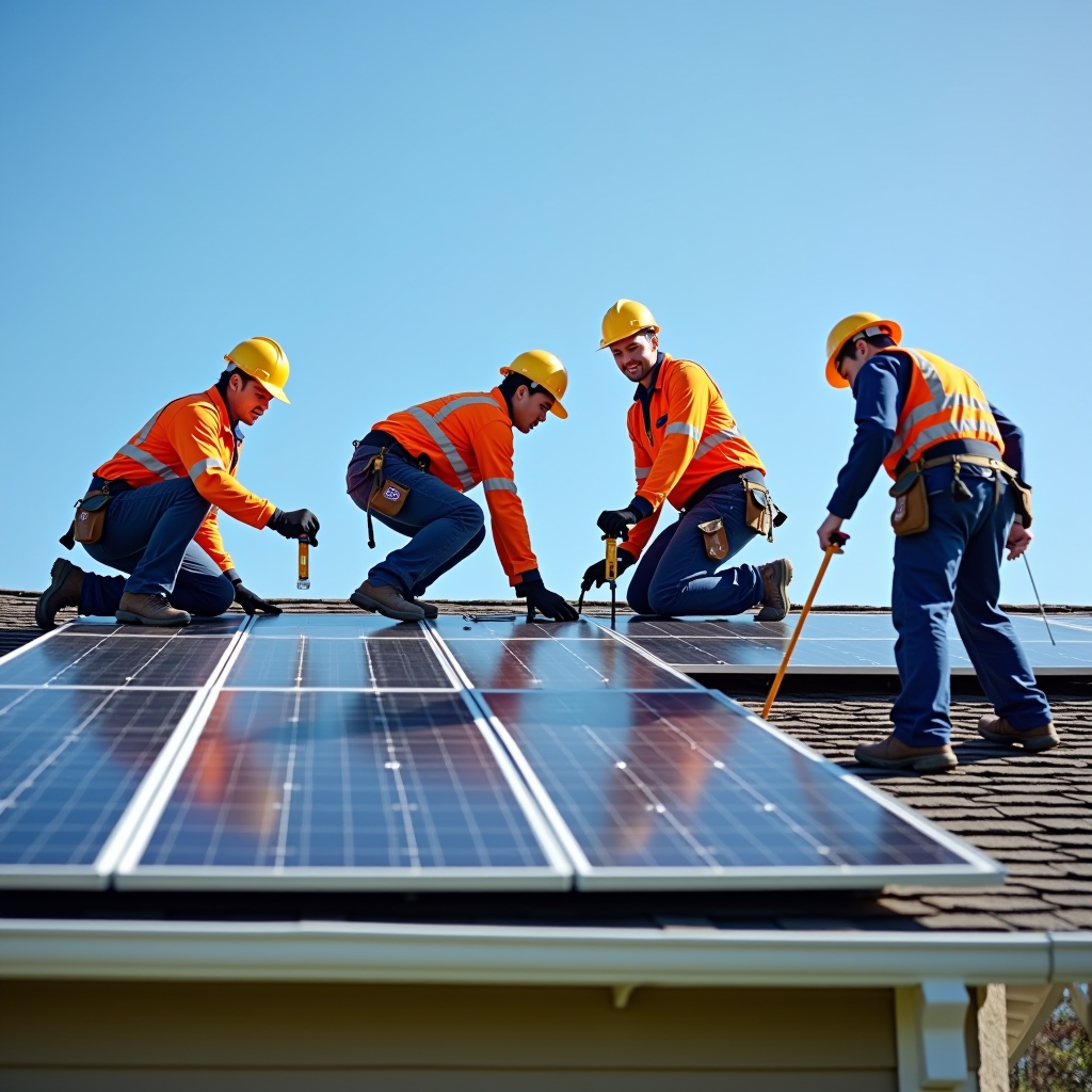Zespół certyfikowanych techników instalujących panele słoneczne na dachu budynku mieszkalnego, używając profesjonalnego sprzętu i narzędzi pomiarowych, w słoneczny dzień z błękitnym niebem
