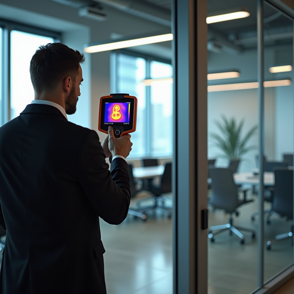 Certyfikowany konsultant energetyczny przeprowadzający szczegółowy audyt energetyczny w nowoczesnym budynku biurowym, używający zaawansowanej kamery termowizyjnej do wykrywania strat ciepła i nieefektywności izolacji, z widocznymi kolorowymi mapami termicznymi na ekranie urządzenia
