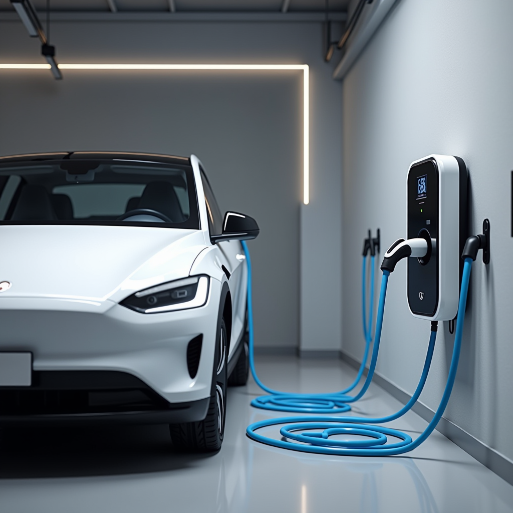 Nowoczesna stacja ładowania pojazdów elektrycznych zainstalowana w garażu mieszkalnym, z niebieskim kablem ładującym podłączonym do eleganckiego białego samochodu elektrycznego, profesjonalny montaż z widocznym panelem sterującym i czystym okablowaniem