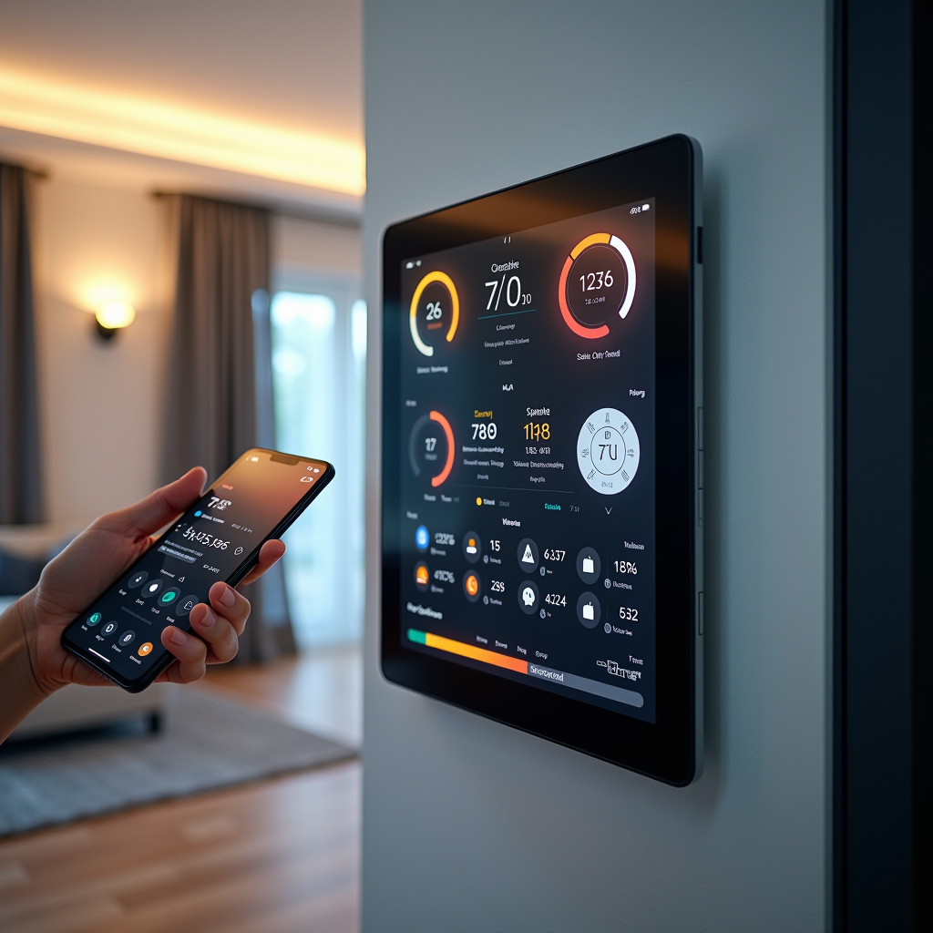 Nowoczesny panel sterowania energią w inteligentnym domu z wyświetlaczem pokazującym zużycie energii w czasie rzeczywistym, termostaty programowalne, automatyczne oświetlenie LED i interfejs aplikacji mobilnej na tablecie