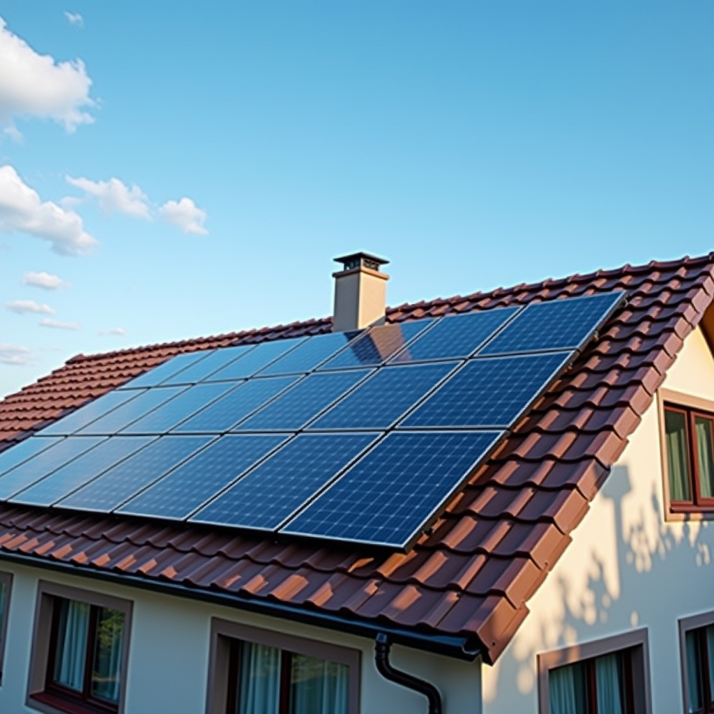 Nowoczesne panele słoneczne o wysokiej wydajności 28% zainstalowane na dachu budynku mieszkalnego, błękitne niebo w tle, technologia fotowoltaiczna nowej generacji