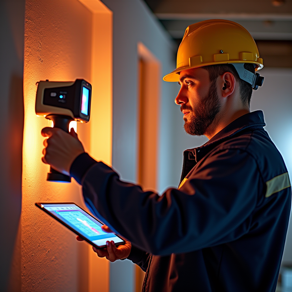Konsultant energetyczny z kamerą termowizyjną przeprowadzający profesjonalny audyt budynku, sprawdzający izolację i efektywność energetyczną z zaawansowanym sprzętem pomiarowym