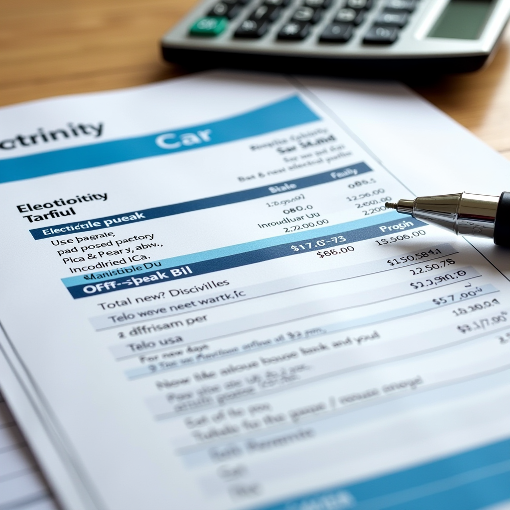 Szczegółowy rachunek za energię elektryczną z wyróżnionymi sekcjami taryf szczytowych i pozaszczytowych, kalkulator i notatki dotyczące oszczędności energii na biurku