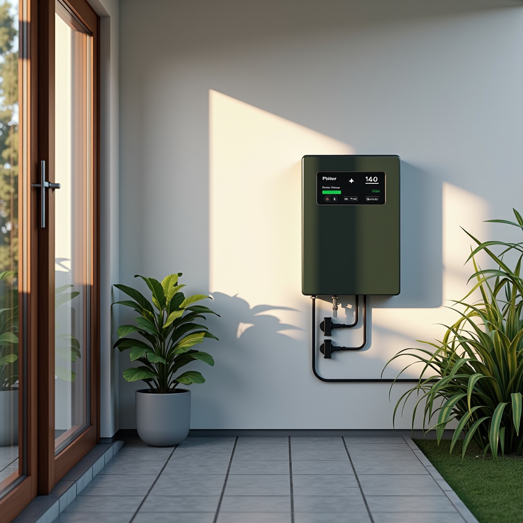 Nowoczesny system magazynowania energii bateryjnej zainstalowany w domu, połączony z panelami słonecznymi, wyświetlacz pokazujący poziom naładowania i przepływ energii