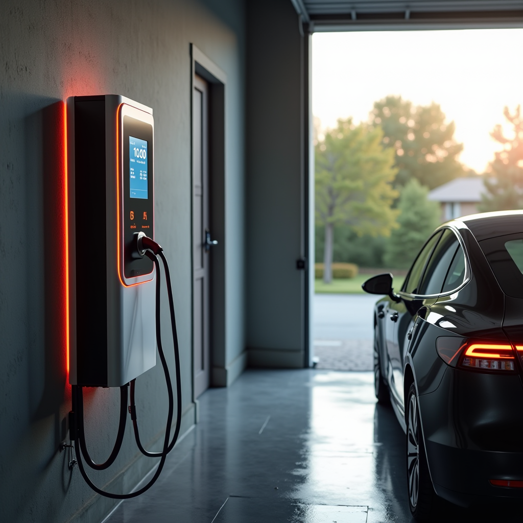 Nowoczesna stacja ładowania pojazdów elektrycznych Level 2 zamontowana w garażu domowym, z samochodem elektrycznym podłączonym do ładowania i wyświetlaczem LED pokazującym status